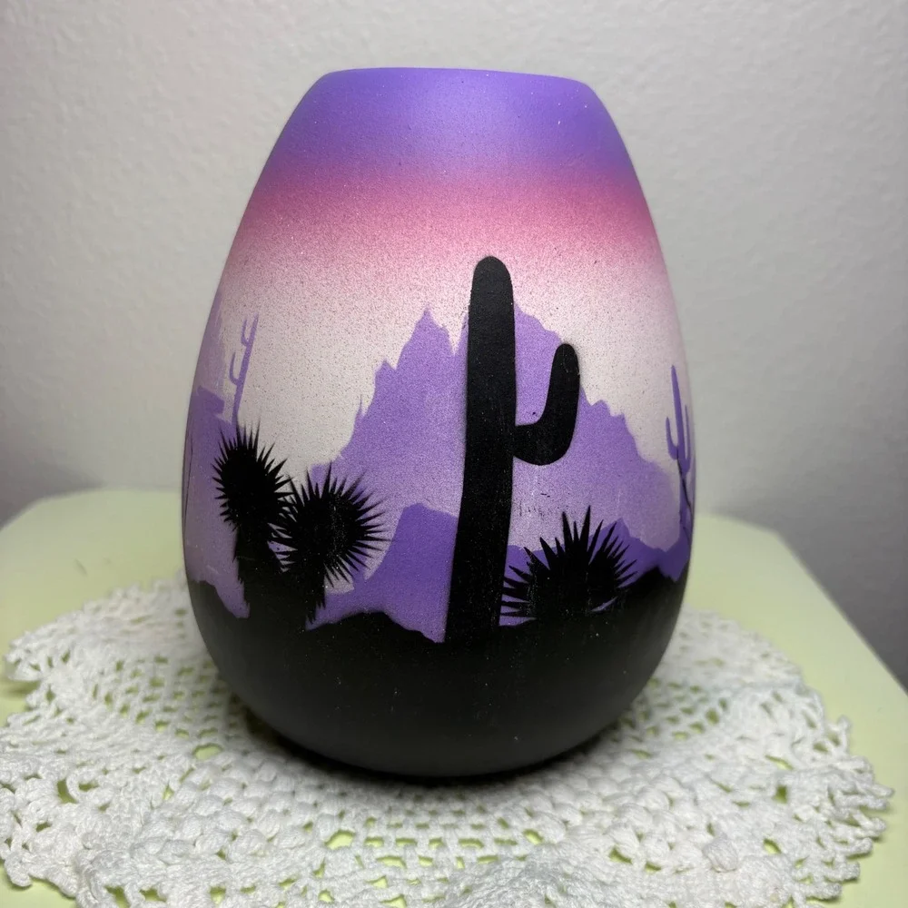 6in Purple Desert Cactus Vase Southwest Boho Hand Painted Pottery
